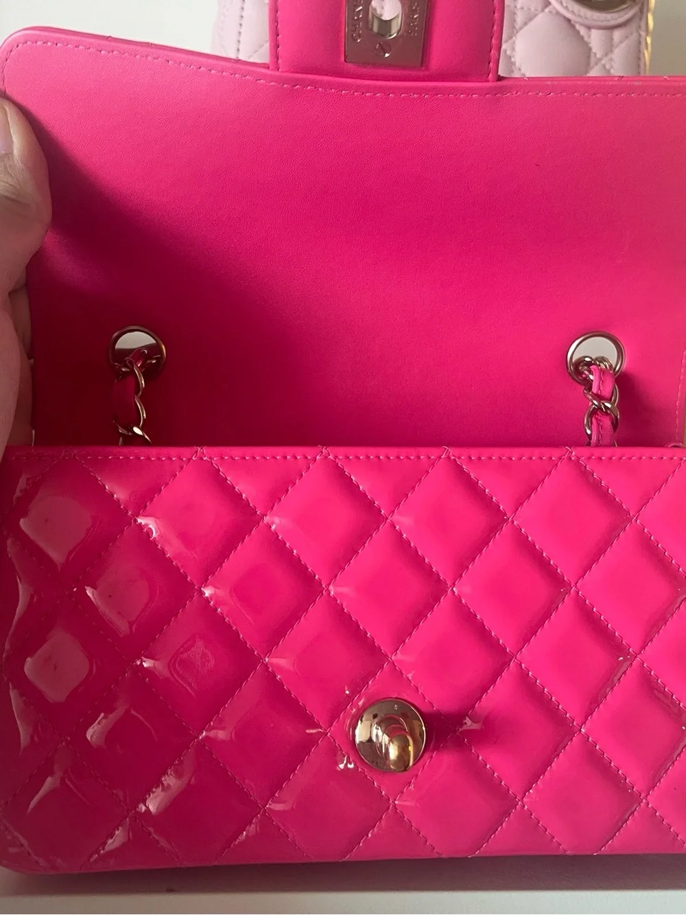 CHANEL Quilted Patent Flap Bag — Bright Pink with Gold Hardware